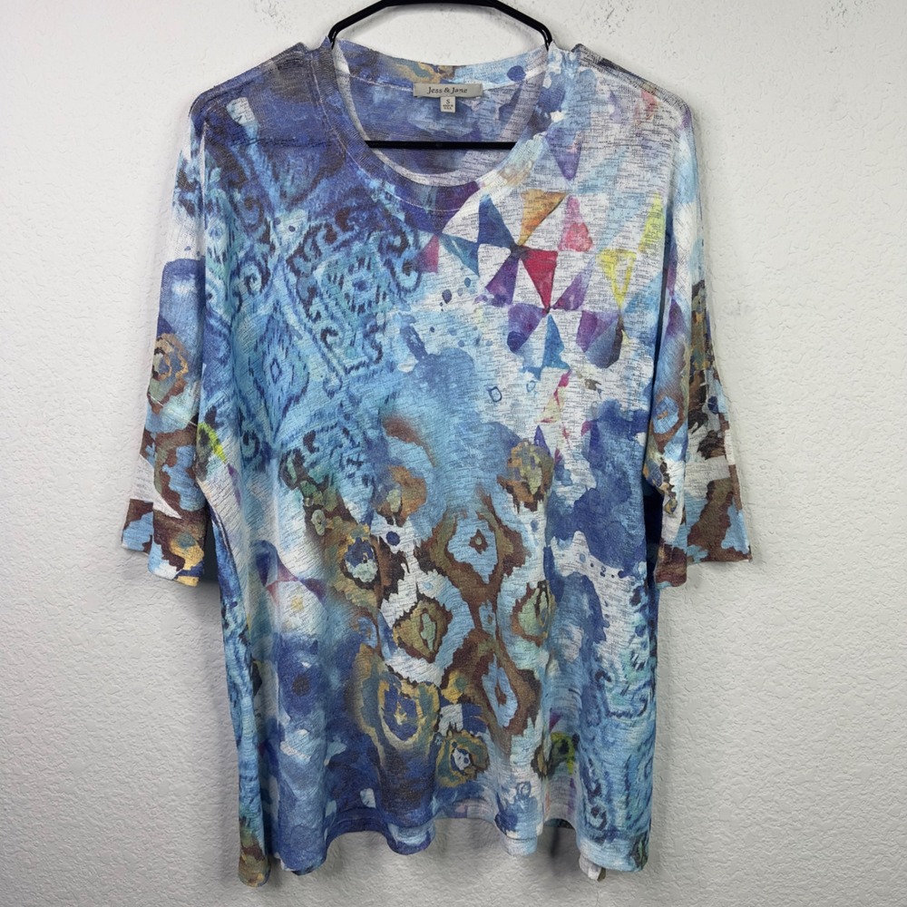 Jess & Jane Shirt Womens S Colorful Artsy Abstract Oversized‎ Boho Lagenlook